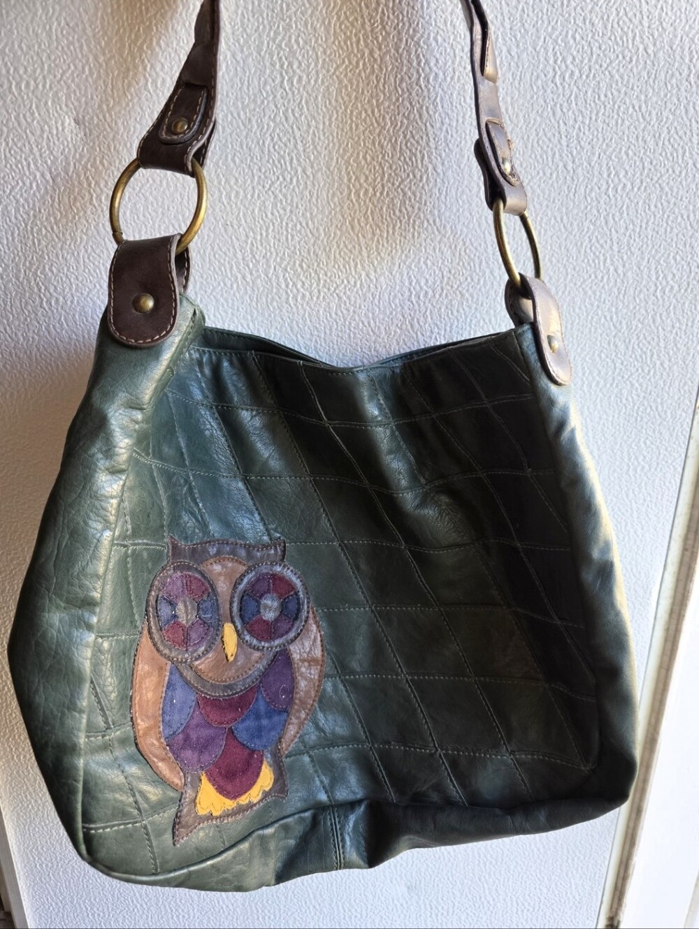 Stamp 10 Boho Y2K Green Leather Owl Appliqué Shoulder Slouchy 90s Bag Festival